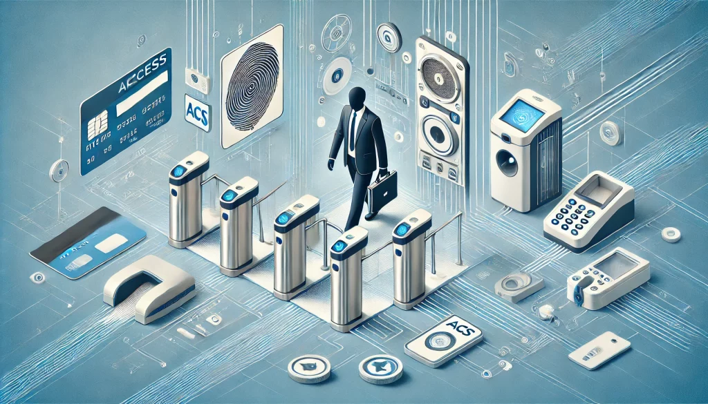 Иллюстрация системы контроля доступа (СКУД): биометрические считыватели, турникеты, электронные замки в бизнес-среде