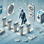 Иллюстрация системы контроля доступа (СКУД): биометрические считыватели, турникеты, электронные замки в бизнес-среде